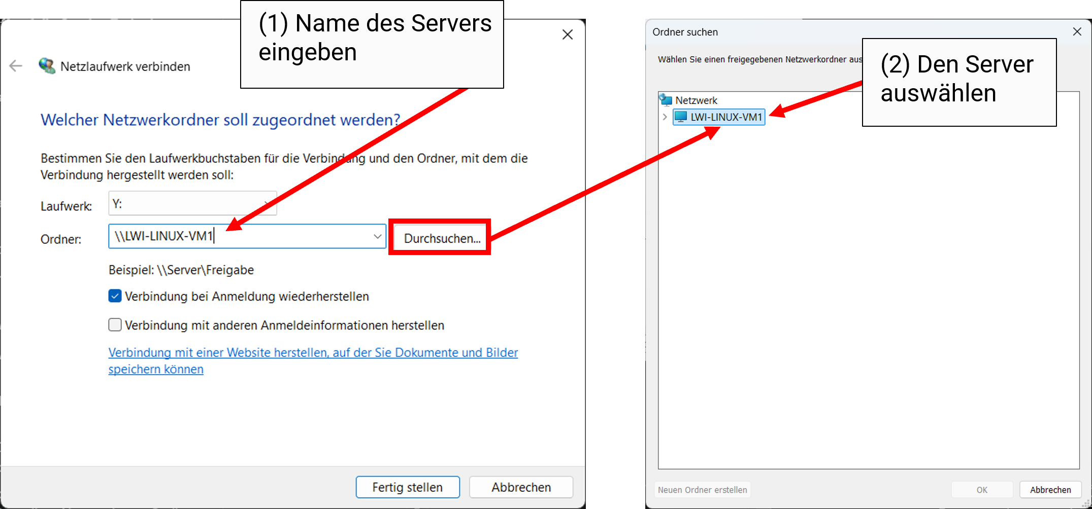 Den Server über Windows finden, um auf die Lernende-Freigabe zuzugreifen